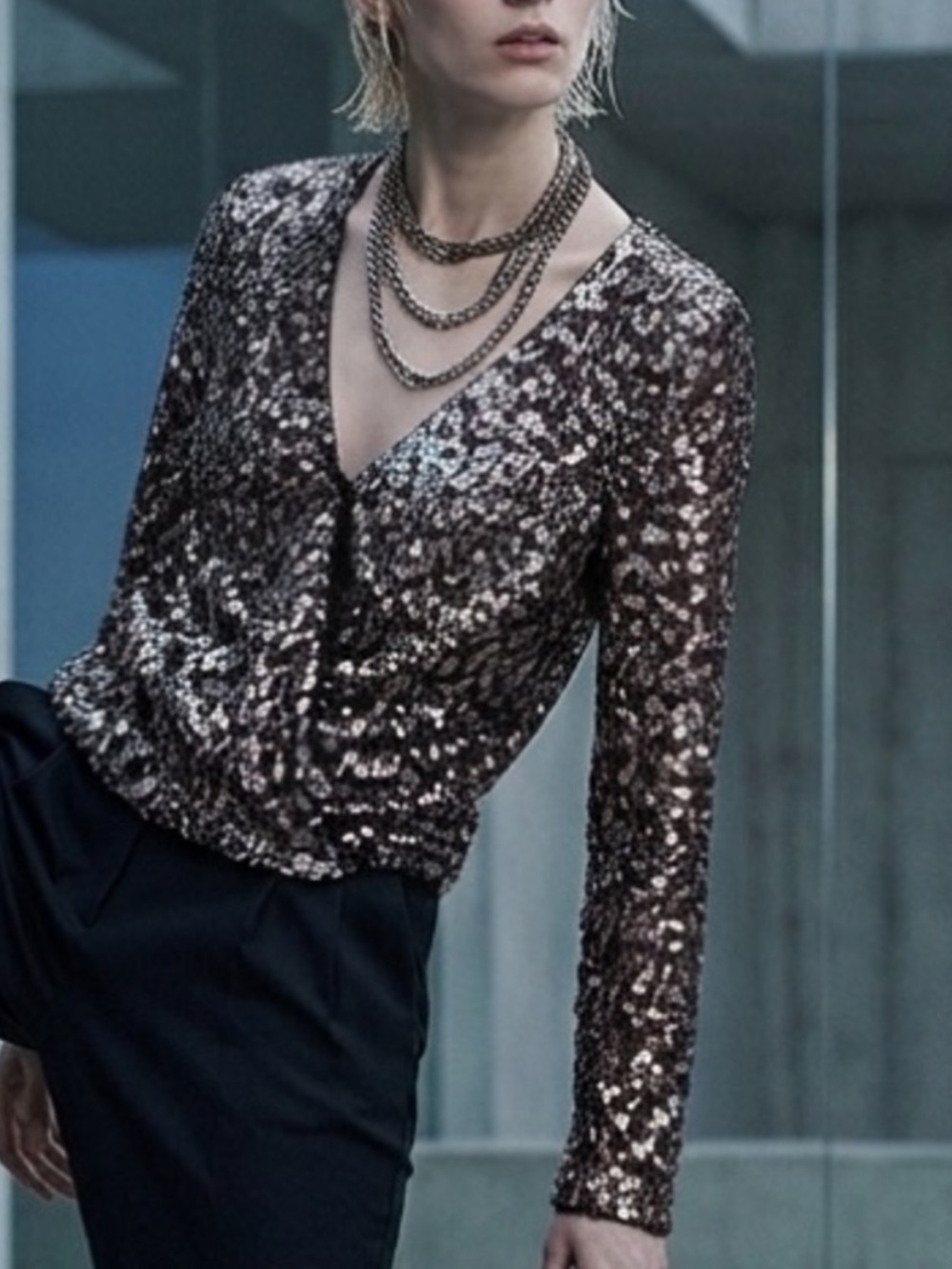 NEW Zara TRF Sequin Blouse Top size XSMALL Brown Gold Long Sleeve cocktail party